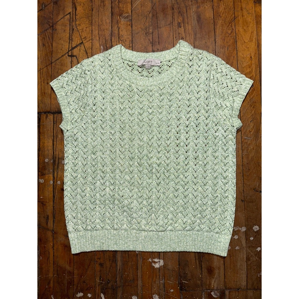 LOFT Pointelle Sweater Women's Petite Large Green Chevron‎ Cap Sleeve Crew Neck
